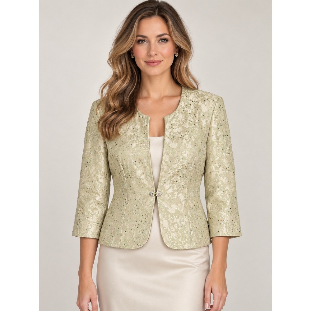 Quiet Luxury Sage Brocade Evening Jacket Petite 10P Beaded Sequin Formal Wedding